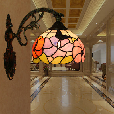 European Tiffany Butterfly Flower Stained Glass Dome 1-Light Wall Sconce Lamp