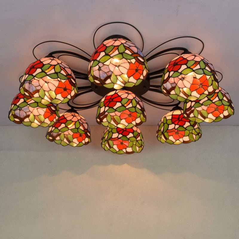 Tiffany Pastoral Morning Glory European Retro 9-Light Semi-Flush Mount Light