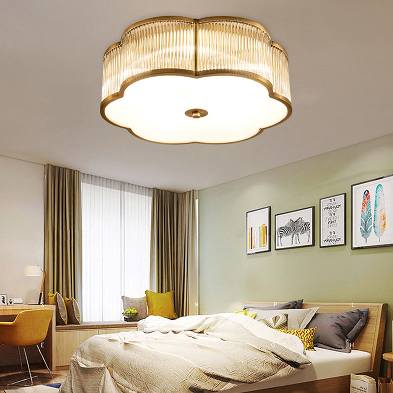 Modern Luxury Ribbed Glass Shade Brass Edging 4- Light Flush Mount Ceiling Light For Living Room
