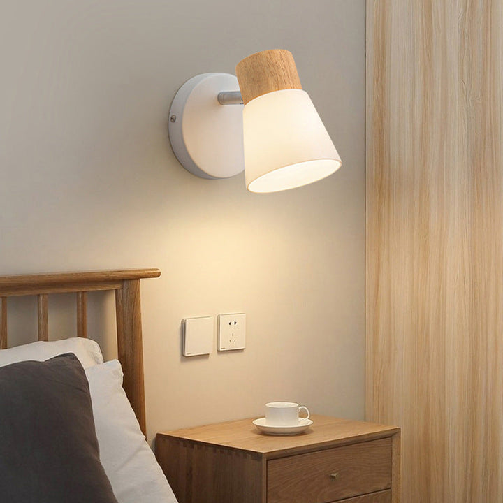 Modern Minimalist Rubberwood Glass Cone Rotatable 1/2 Light Wall Sconce Lamp For Living Room &amp; Bedroom