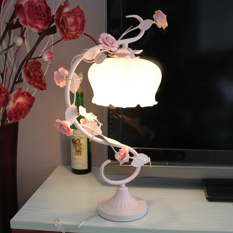 Vintage Romantic Pink Glass Ceramics Roses 1-Light Table Lamp