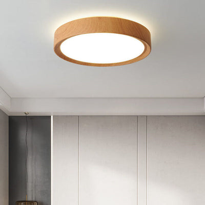 Modern Simple Wood Grain Round Iron LED Flush Mount Ceiling Light