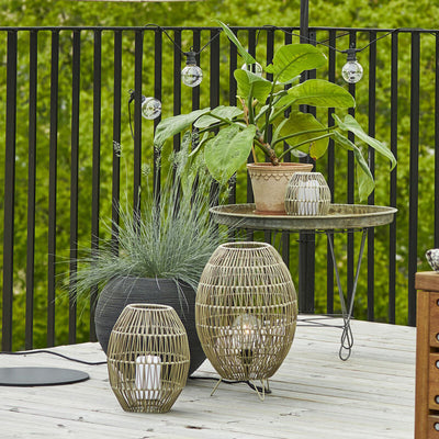 Modernes japanisches Rattan, das rund geformte wasserdichte Patio-1-Licht-Stehlampe im Freien webt 