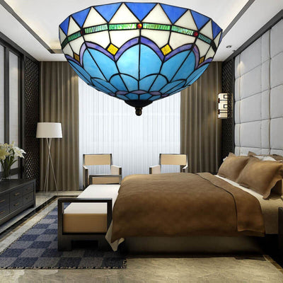 Traditional Vintage Mediterranean Stained Glass Dome 3-Light Flush Mount Ceiling Light For Living Room