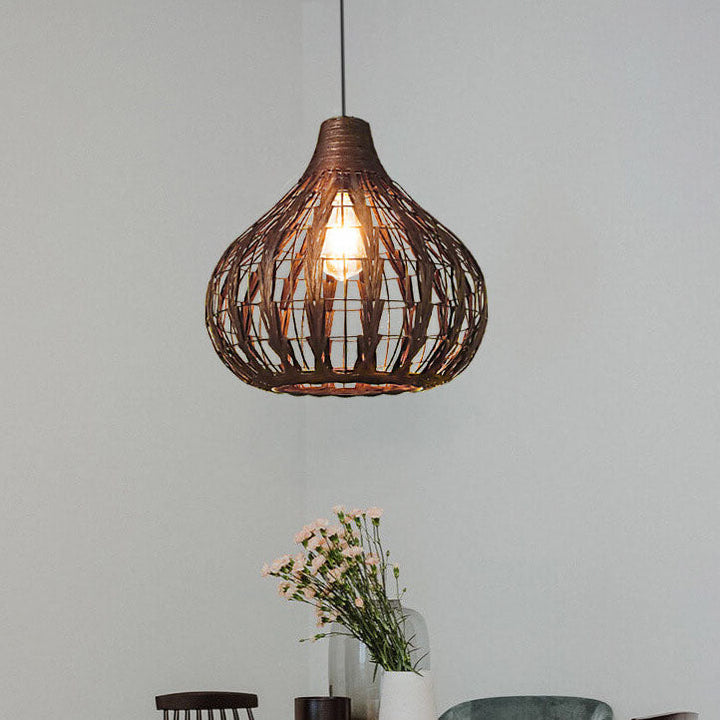 Suspension Luminaire Vintage Café Ovale en Rotin Tressé à 1 Lumière 