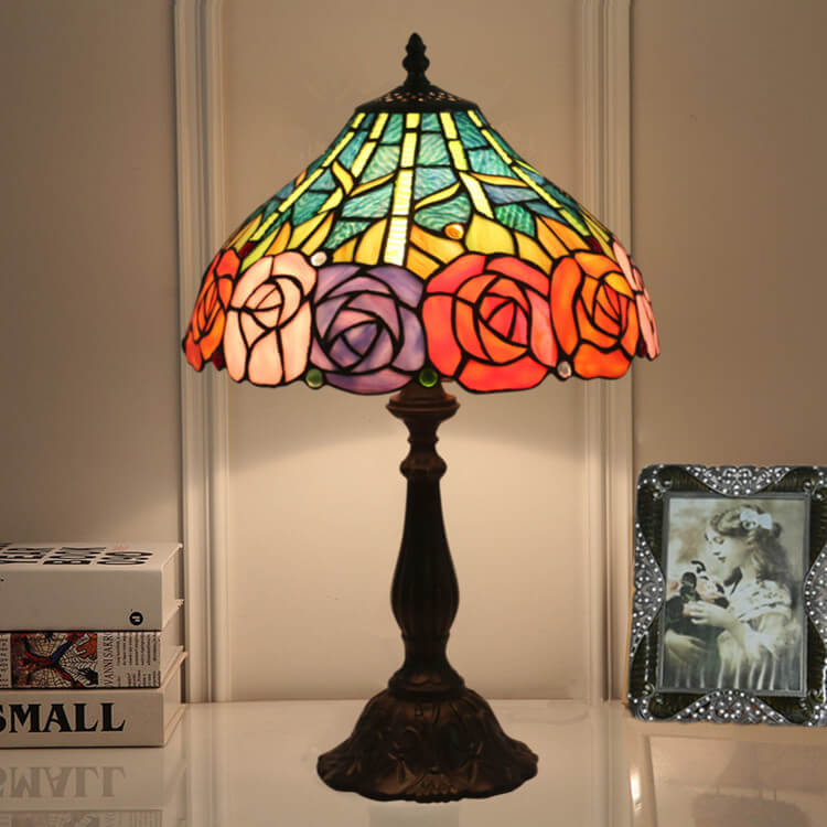 Vintage Tiffany Roses Stained Glass Cone 1-Light Table Lamp