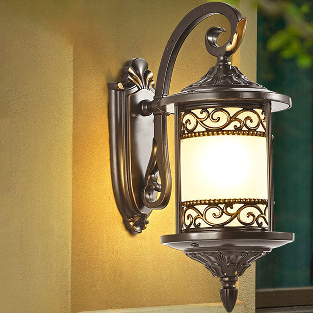 European Vintage Cylindrical Carved Outdoor Waterproof 1-Light Wall Sconce Lamp