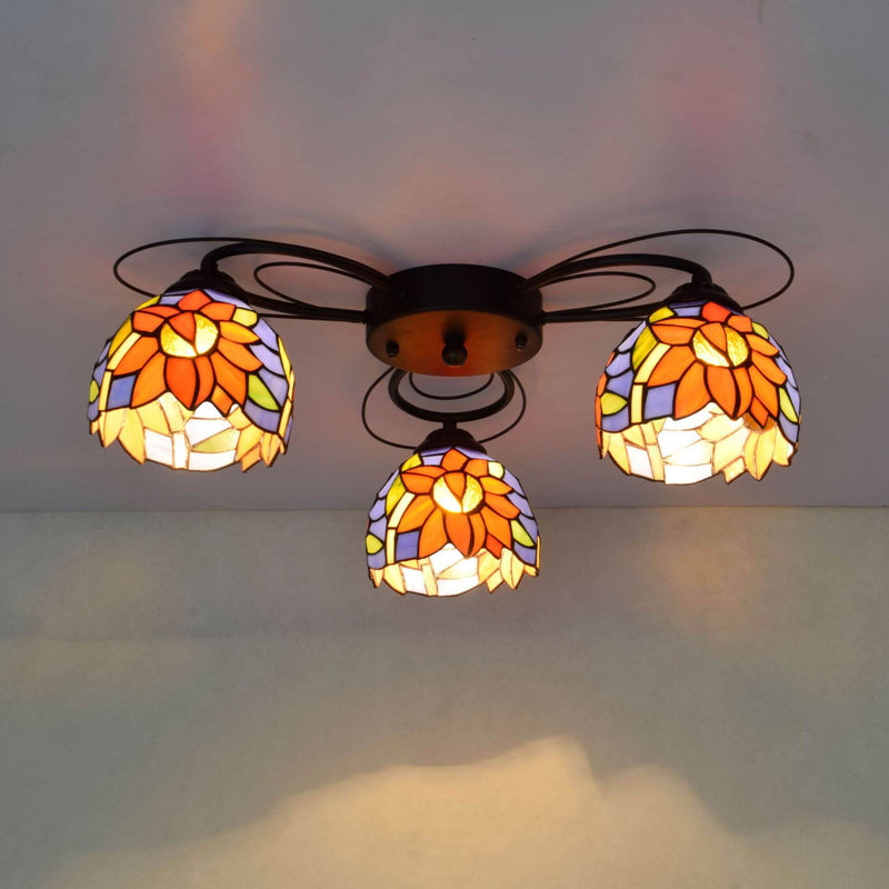 European Rustic Tiffany Iron Glass 3-Light Flush Mount Light