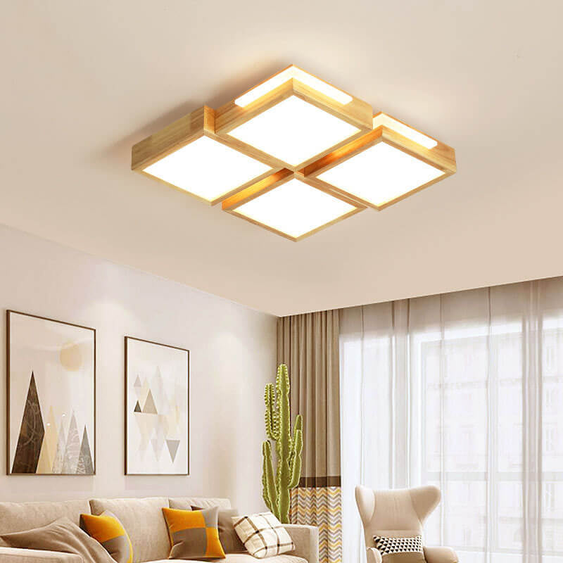 Nordic Simple Solid Wood Square LED Flush Mount Light