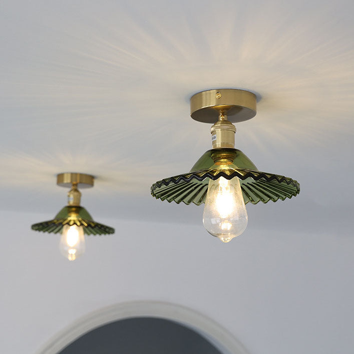 Traditionelle halb eingelassene 1-flammige Vintage-Deckenleuchte aus Glas und Eisen im Lotus-Design 