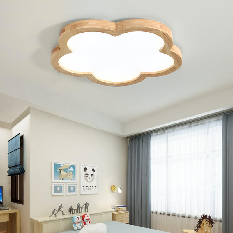 Nordic Simple Solid Wood Flower LED Slim Kids Flush Mount Ceiling Light