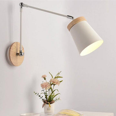 Contemporary Scandinavian Solid Wood Iron Cylinder Shade 1-Light Wall Sconce Lamp For Bedroom