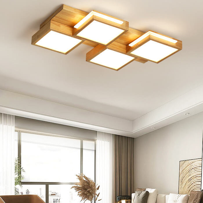 Nordic Simple Solid Wood Square LED Flush Mount Light