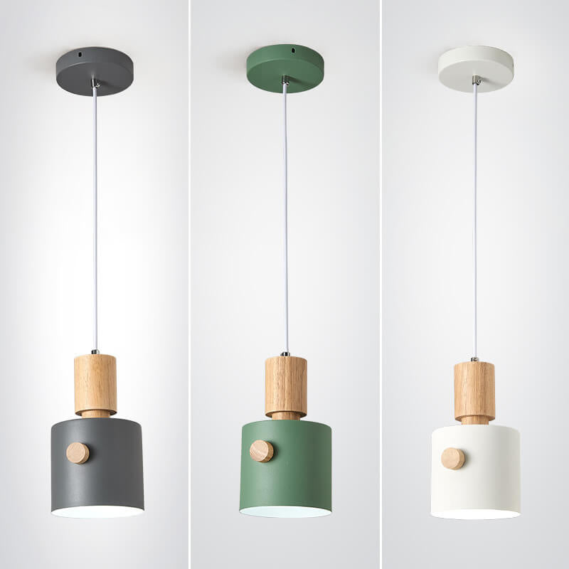 Nordic Cylinder Wooden Handle Macaron 1-Light Pendant Light