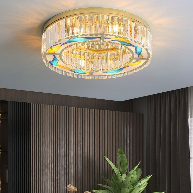 Modern Luxury Enameled Crystal Round 5-Light Flush Mount Ceiling Light