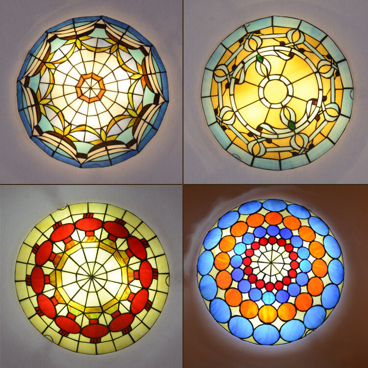 European Stained Glass Tiffany Round Various Pattern Designs 3-Light Flush Mount Light