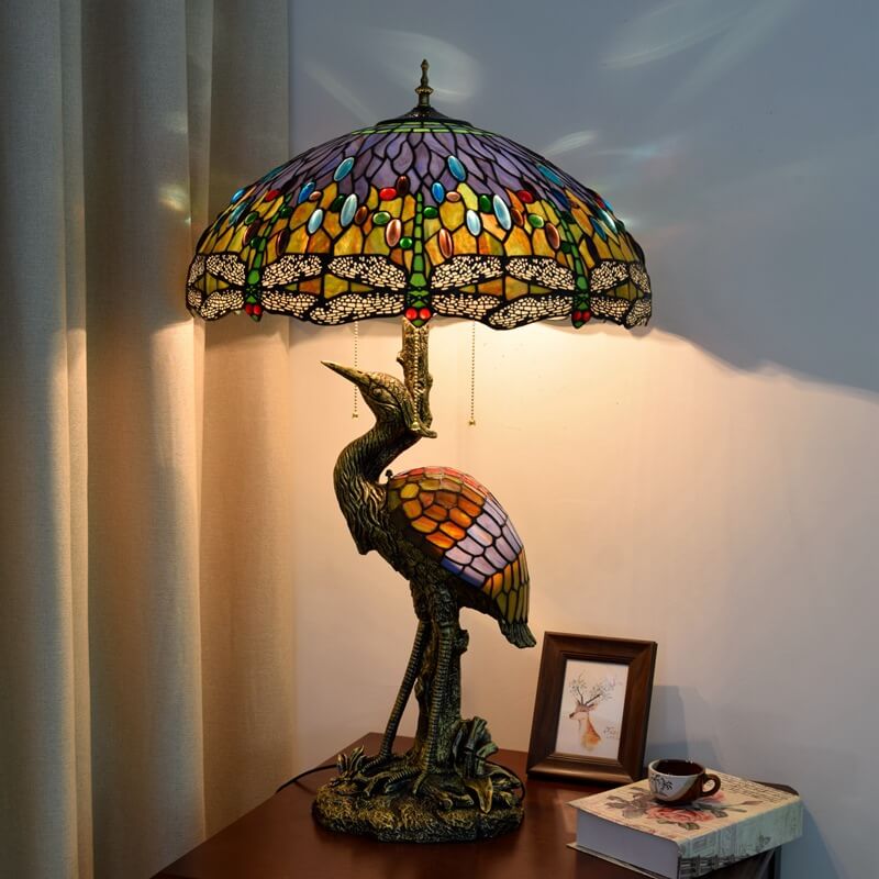 Tiffany Vintage Kran Schirmharz Buntglas 3-Licht Tischlampe 