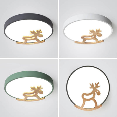 Lampe de plafond LED ronde pour enfants en forme de cheval en bois créatif Macaron 