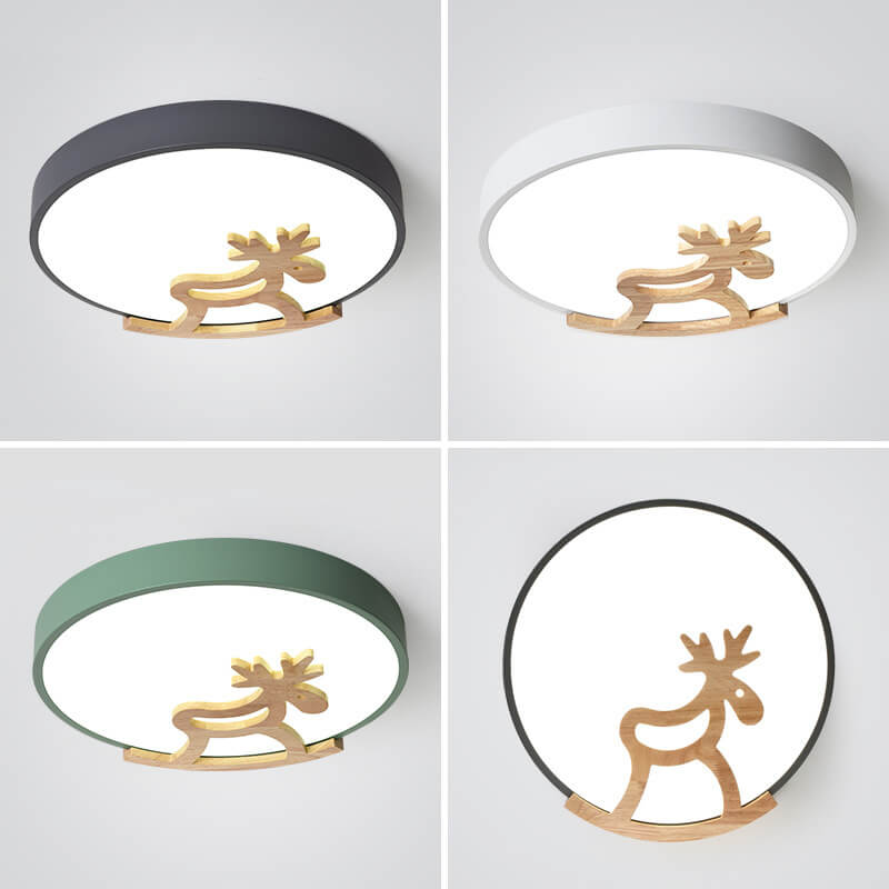 Macaron Creative Wooden Horse Shape Round LED Kids Flush Mount Ceiling Light