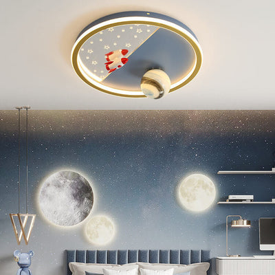 Creative Cartoon Rocket Planet Round Iron LED Kids Flush Mount Ceiling Light