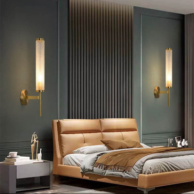 Modern Luxury Brass Crystal Long Column Straight Arm LED Wall Sconce Lamp