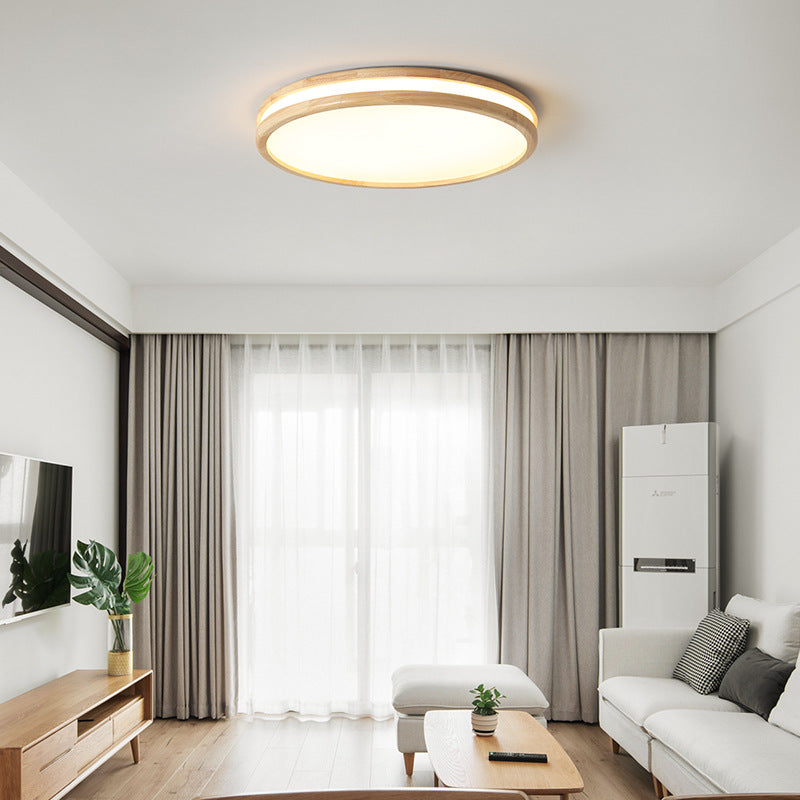 Japanese Simple Round Wooden Thin LED Flush Mount Ceiling Light