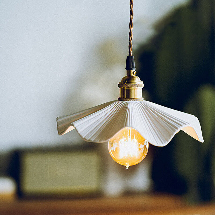 Traditional Vintage Ceramic Waves Scalloped Copper 1-Light Pendant Light For Living Room