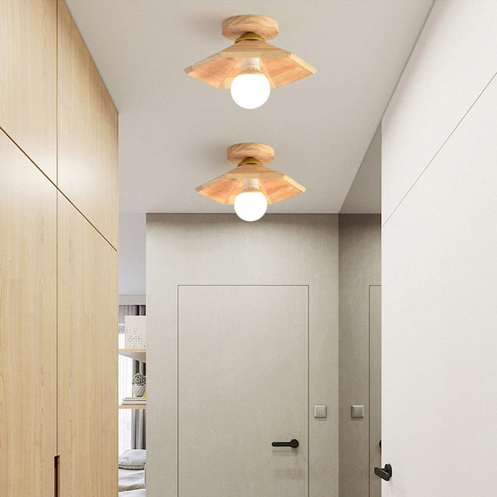 Traditional Japanese Oak Geometric Cone 1-Light Semi Flush Mount Ceiling Light For Living Room