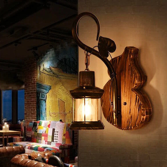 Contemporary Industrial Rubberwood Iron Glass Horse Lamp Iron 1-Light Wall Sconce Lamp For Living Room &amp; Bedroom