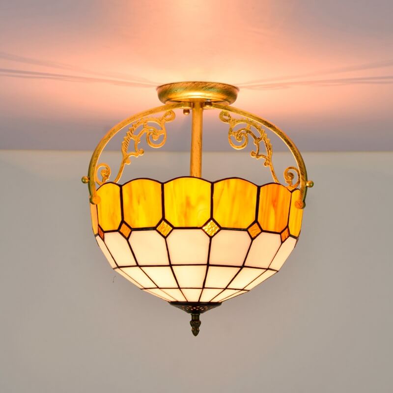 Tiffany European Mediterranean Yellow Glass Bowl 2-Light Semi-Flush Mount Deckenleuchte 