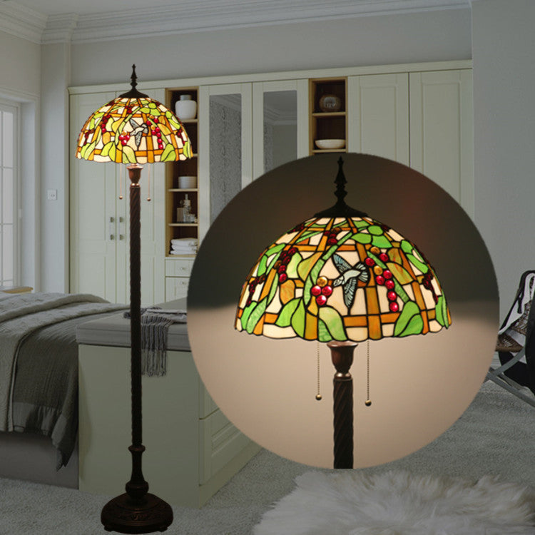 European Tiffany Fruit Bird Stained Glass Dome 2-Light Standing Floor Lamp