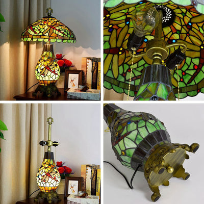 Lampe de table à 3 lumières avec base ovale et libellule verte Tiffany européenne 