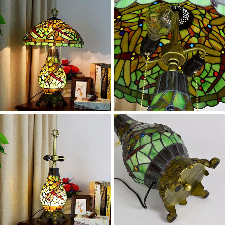 Lampe de table à 3 lumières avec base ovale et libellule verte Tiffany européenne 