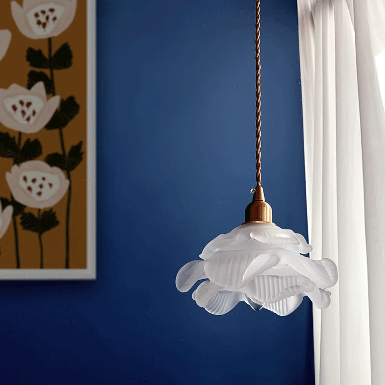 Moderno Art Deco Latón Floral Pantalla de Vidrio 1-Luz Lámpara Colgante Para Dormitorio 