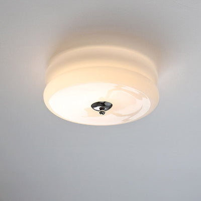 French Minimalist Cream Glass Round LED Flush Mount Ceiling Light