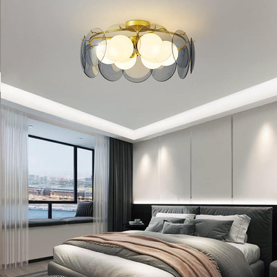 Modern Mid-Century Golden Finish Frame Glass Ball Shade 4/6-Light Semi-Flush Mount Ceiling Light For Living Room