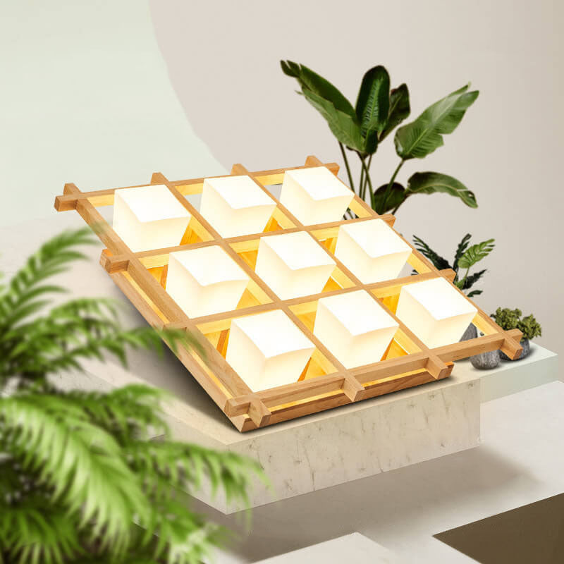 Japanischer minimalistischer quadratischer Würfelschirm aus Holz 4/6/9 Licht Unterputz-Deckenleuchte 
