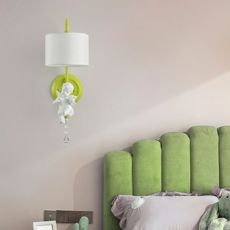 Modern Minimalist Angel Resin Round Fabric 1-Light Wall Sconce Lamp for Living Room