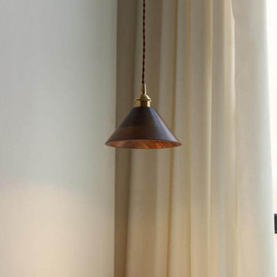 Japanese Vintage Walnut Brass Dome 1-Light Pendant Light