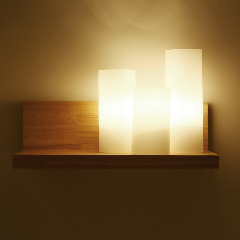 Japanese Minimalist Cylindrical Wooden Glass 1-Light Wall Sconce Lamp