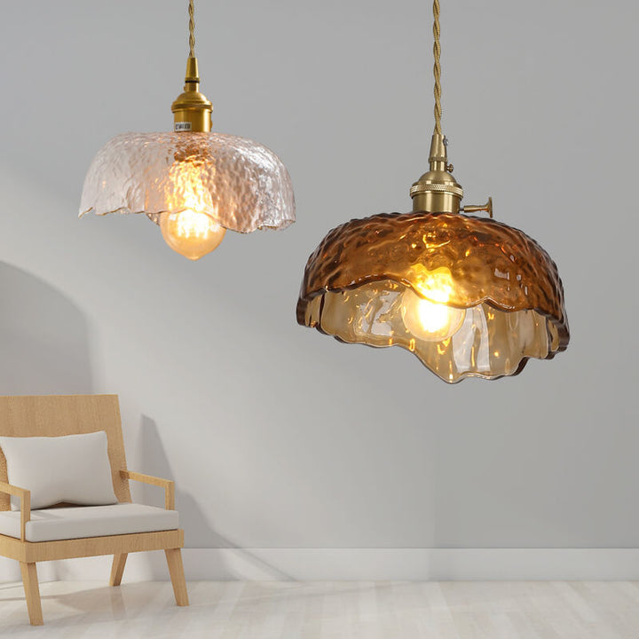 Suspension Luminaire à 1 Lumière en Laiton et Verre Texturé Vintage 