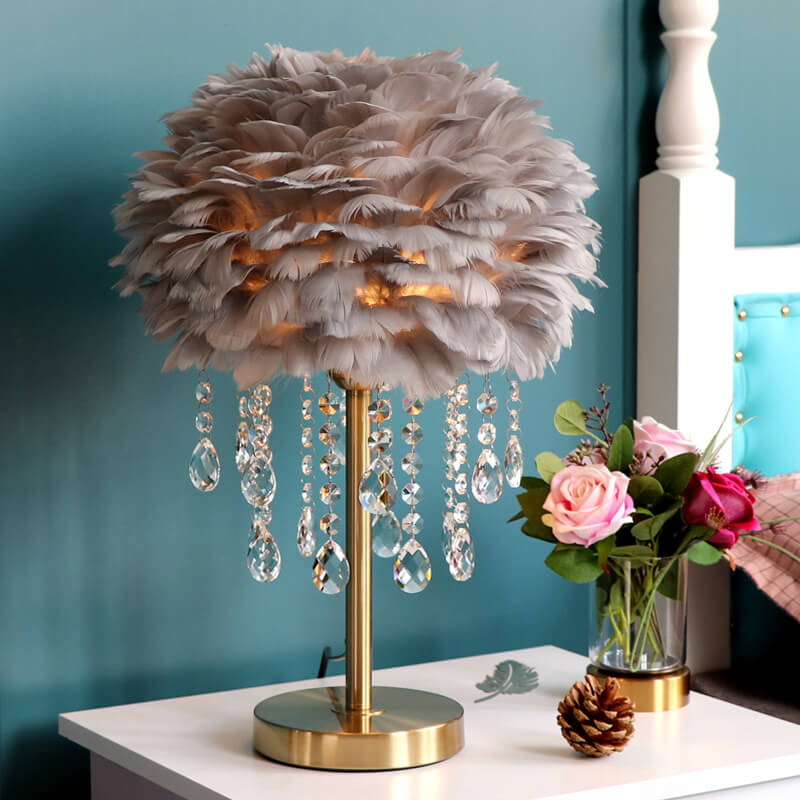 Nordic Creative Feather Round Crystal Tassel 1-Light Table Lamp