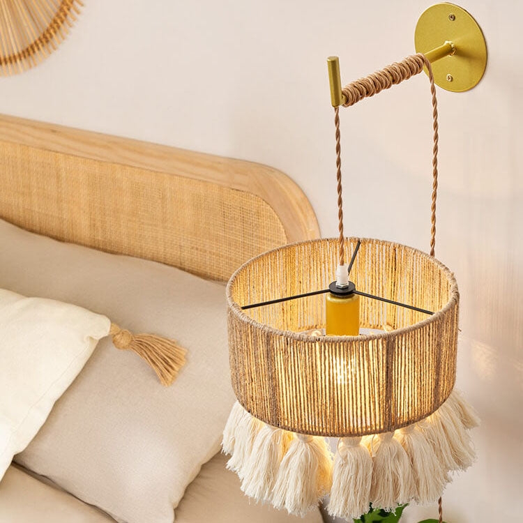 Contemporary Boho Hemp Rope Weaving Cylindrical Cotton Tassel 1-Light Wall Sconce Lamp For Bedroom