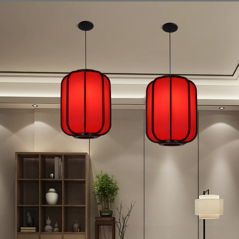 Traditional Chinese Faux Sheepskin Wooden Lantern Round 1-Light Pendant Light for Living Room