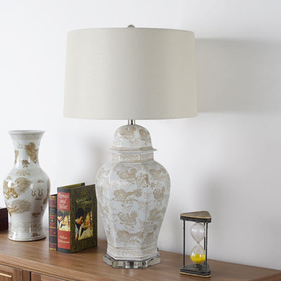 Vintage Palace Ceramics Base Fabric Drum Shade 1-Light Table  Lamp