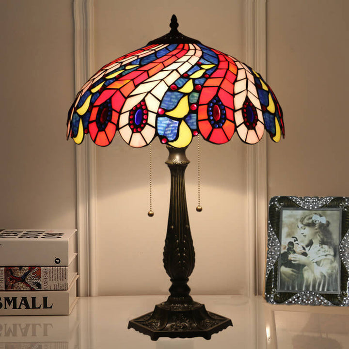 Lampe de table à 1 lumière avec motif créatif de plume de queue de paon Tiffany 