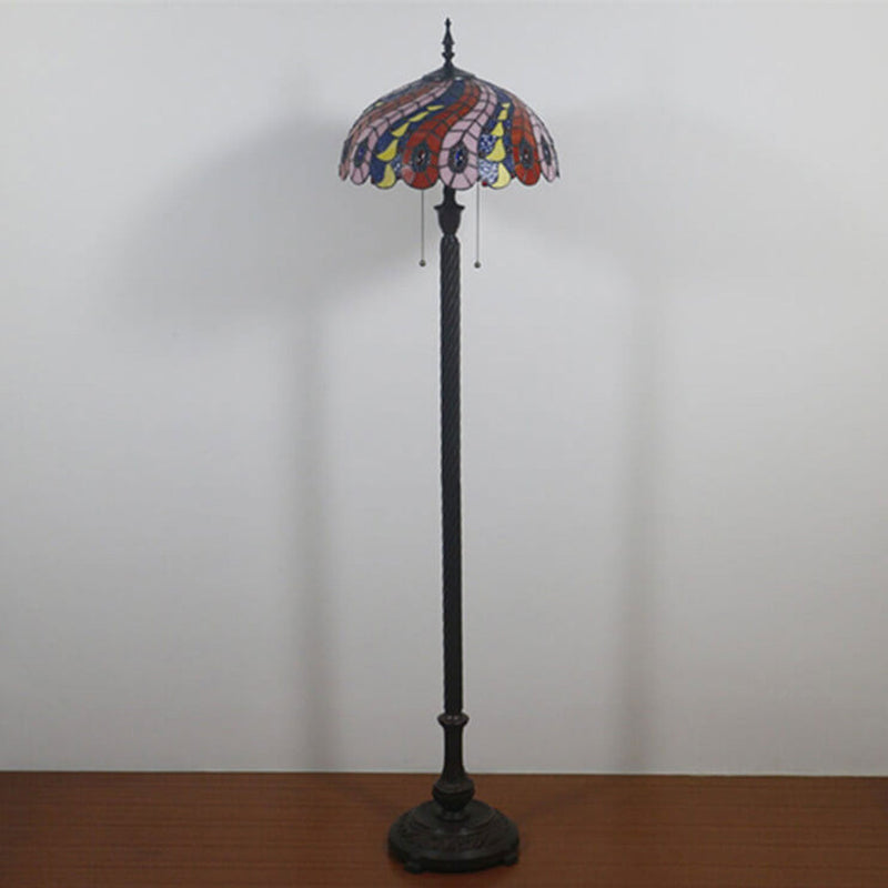 European Tiffany Peacock Tail Stained Glass 2-Light Standing Floor Lamp