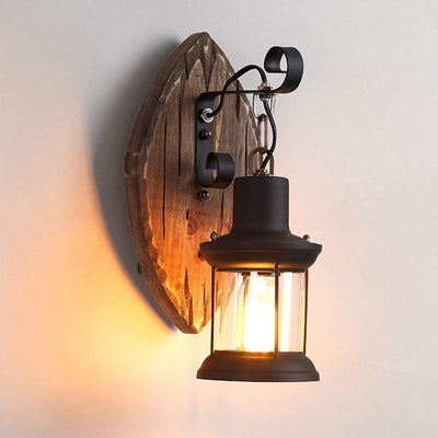 Traditional Farmhouse Wood Disc Iron Shade 1-Light Wall Sconce Lamp For Dining Room