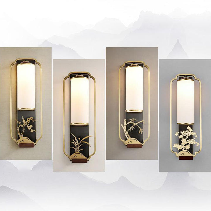 Traditionelle chinesische geschnitzte Kupferrahmen-Milchglas-Zylinder-Schirm 1-Licht-Wandleuchte für Wohnzimmer 