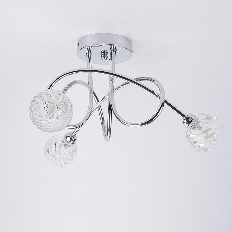 Moderne luxuriöse halbhohe 3-flammige Deckenleuchte aus Eisen und Glas mit gedrehten Linien und geschwungenem Design für das Wohnzimmer 